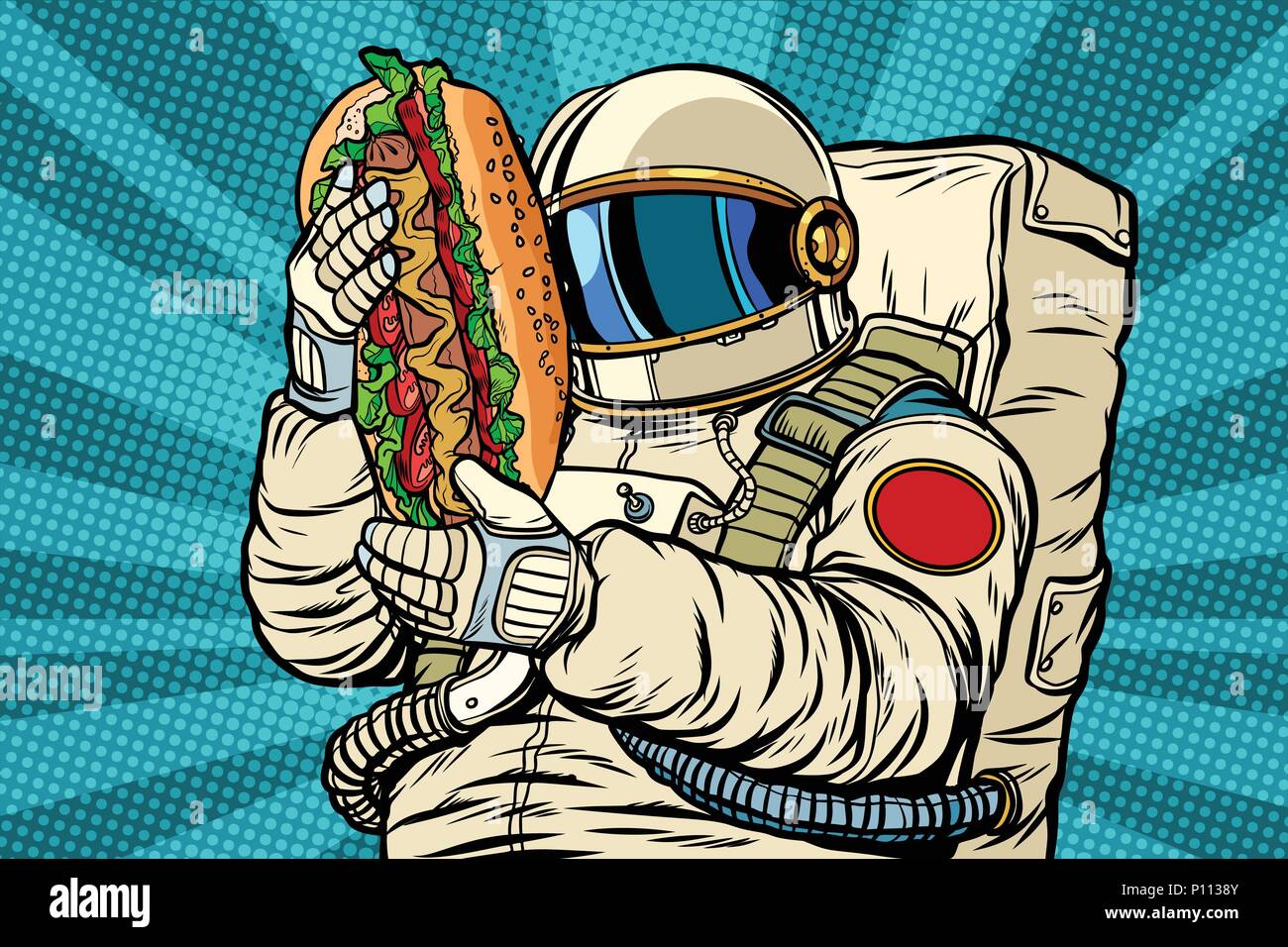 El astronauta con un hot dog, calle fast food Ilustración del Vector