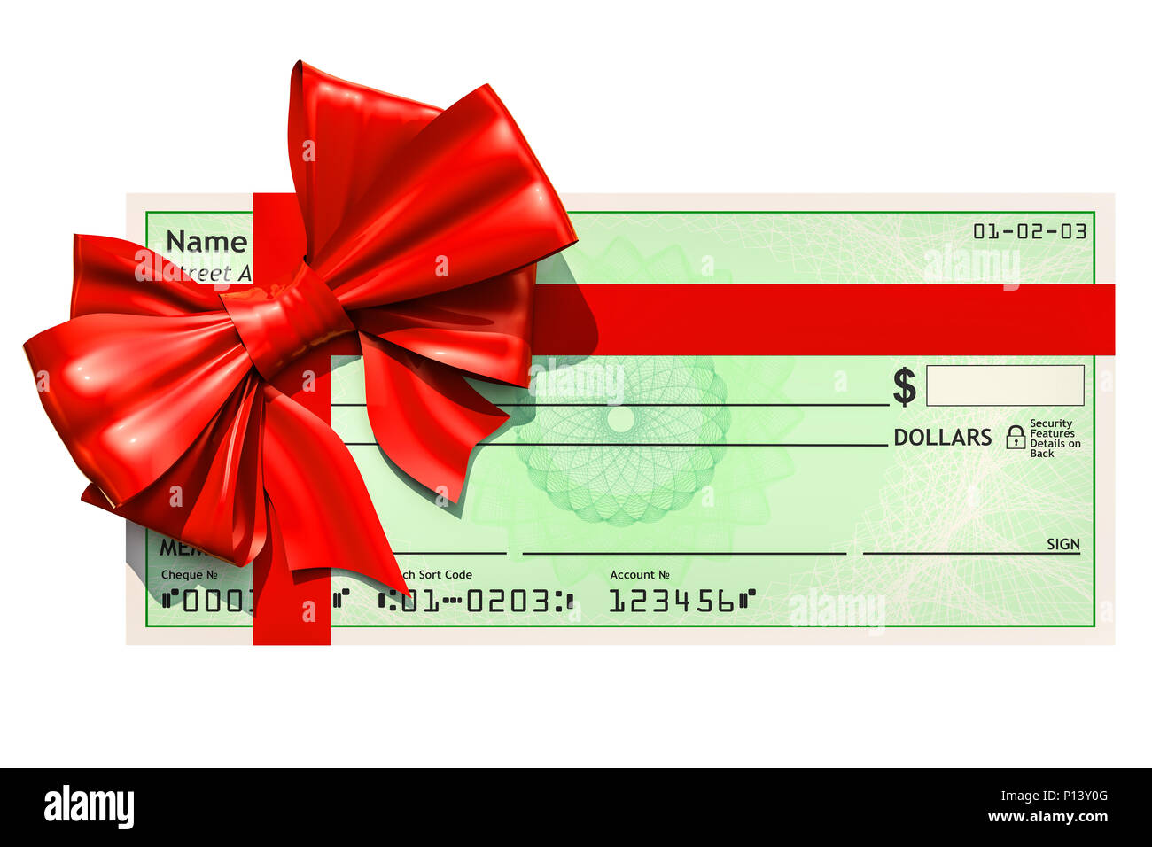 Cheque en blanco con lazo rojo, 3D rendering aislado sobre fondo blanco