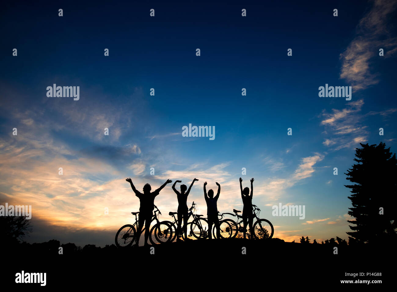 Amigos con bicicletas al atardecer de fondo. Las siluetas de los ciclistas descansando sobre el fondo del cielo nocturno. Noche de verano increíble paisaje. Foto de stock