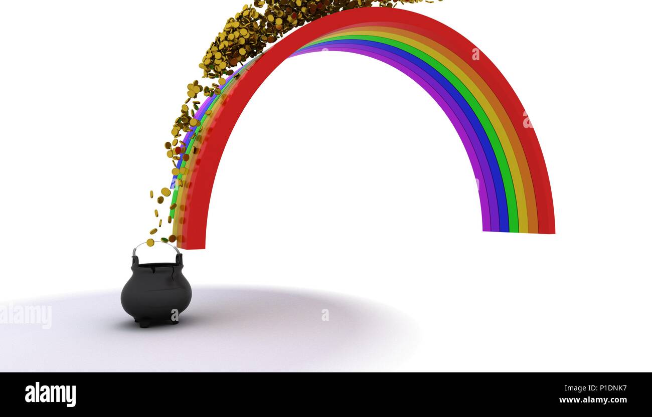 3D Render de la olla de oro al final del arco iris Foto de stock