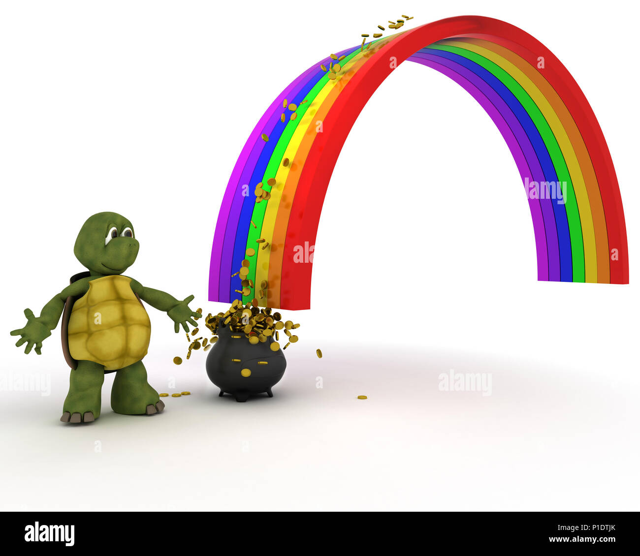3D Render de tortuga con la olla de oro al final del arco iris Foto de stock