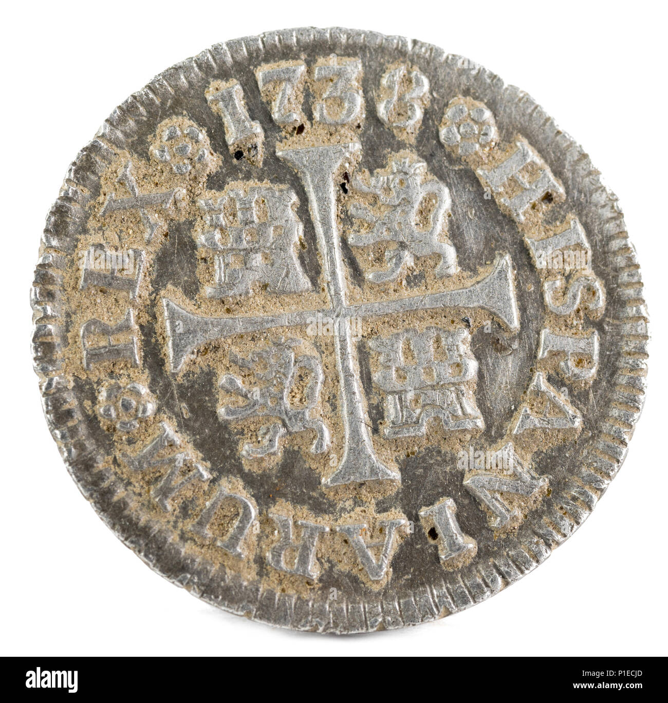Antigua moneda de plata española del rey Felipe V. 1738. Acuñado en Madrid. Medio real. Retroceso. Foto de stock