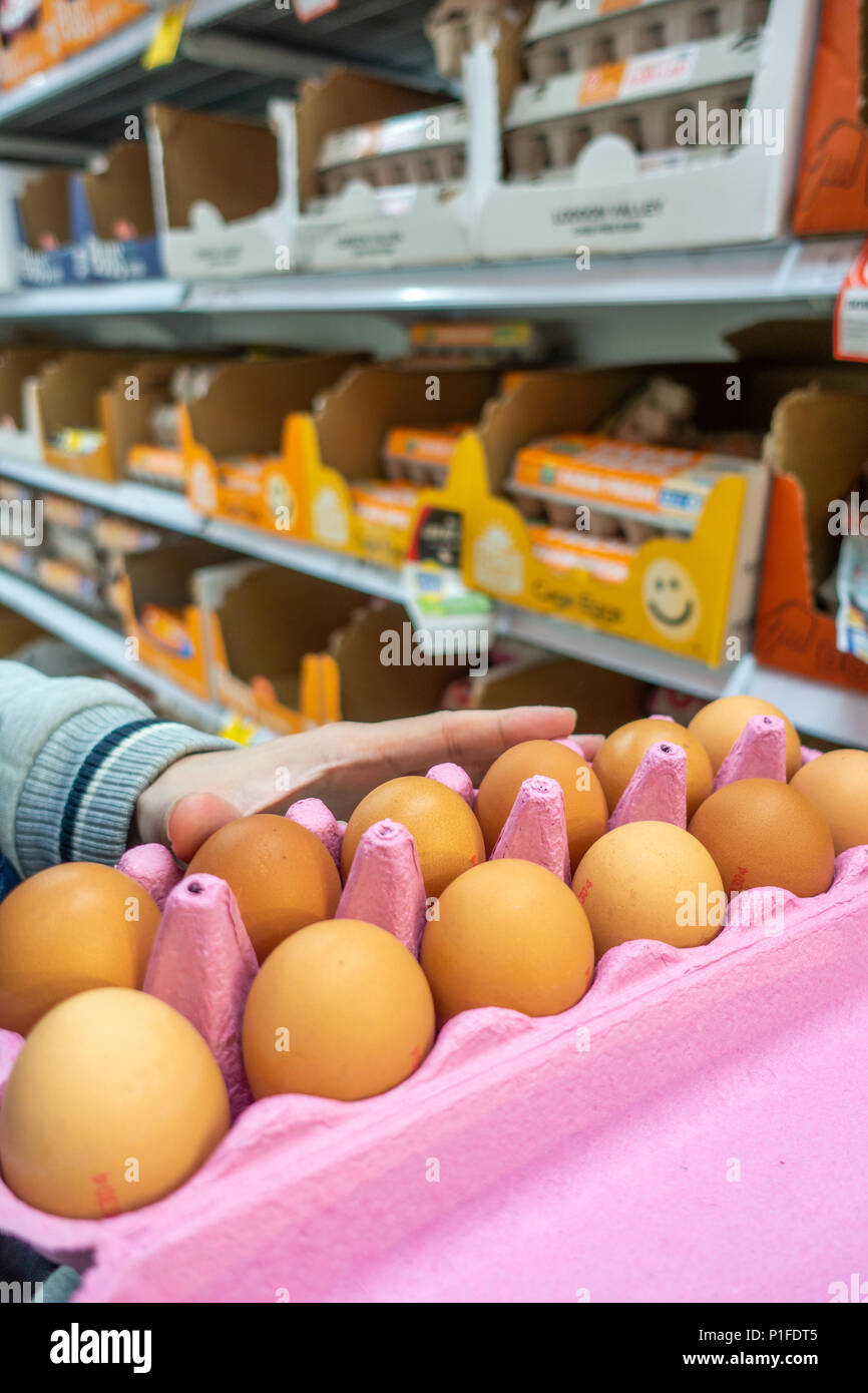 Un cliente está comprobando los huevos de pollo en la caja del supermercado para asegurarse de que no estén rotos. Melbourne, VIC, Australia. Foto de stock