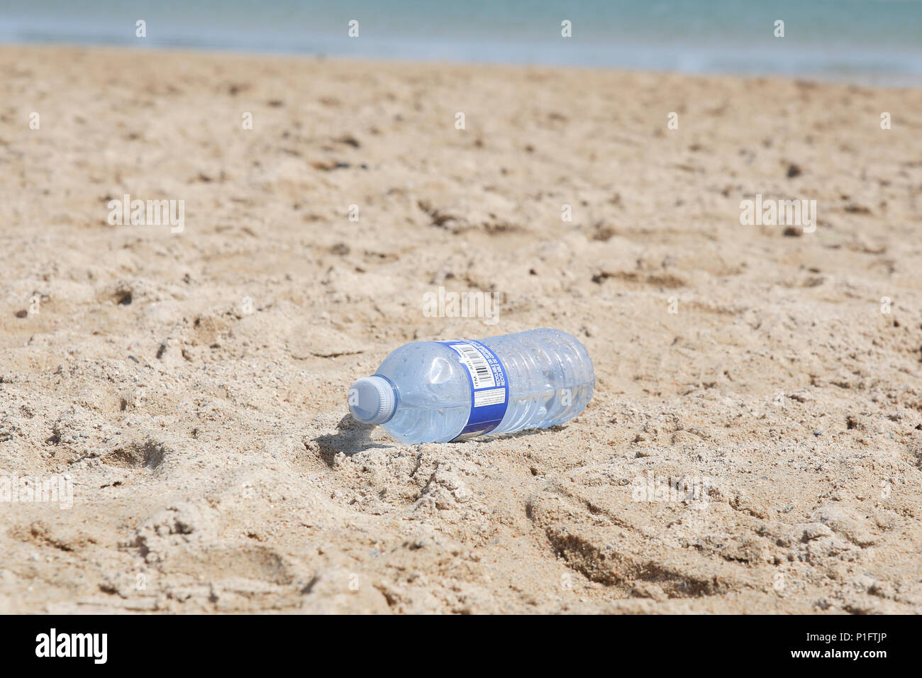 Una botella de agua de plástico en la playa en un día soleado. Hay polución. La cuestión medioambiental. Foto de stock