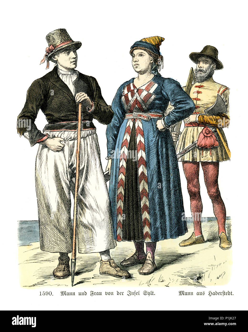 Vintage grabado de la historia de la moda, trajes de Alemania del siglo XVI. Hombre y Mujer de la isla de Sylt, Schleswig-Holstein Foto de stock