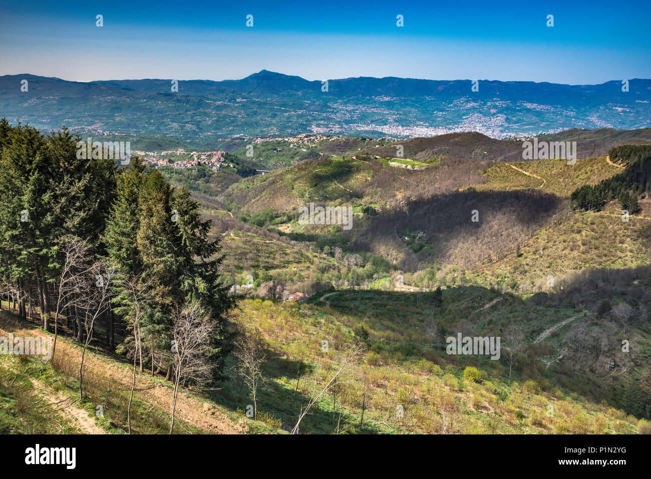 Vista lejana de la ciudad de Cosenza, en el Valle del Crati, desde la carretera 107 en montañas Sila, Calabria, Italia Foto de stock