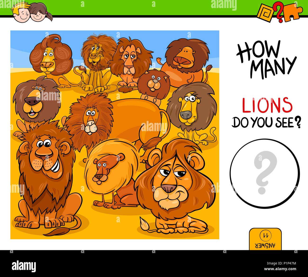 Ilustración de dibujos animados educativos actividad escrutinio juego para los niños con leones personajes de animales Ilustración del Vector
