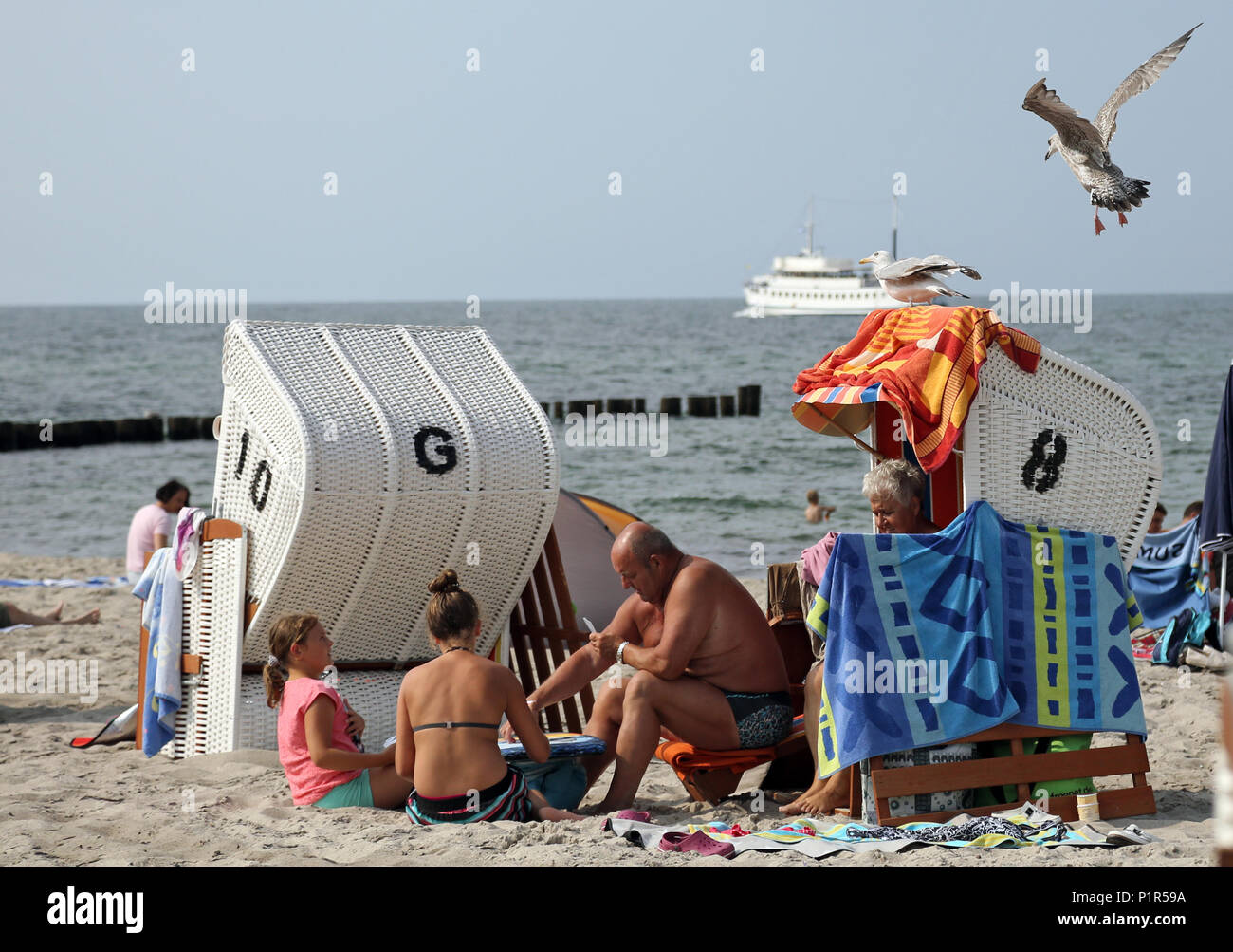 Moewe Kuehlungsborn, Alemania, acercándose a una playa artificial cesta Foto de stock