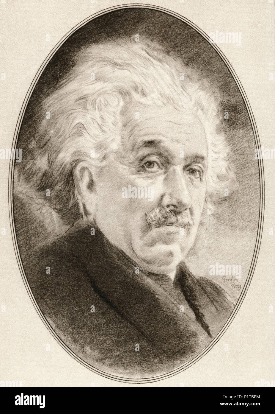 Albert Einstein, 1879 - 1955. El físico teórico nacido en Alemania, quien desarrolló la teoría de la relatividad. Ilustración por Gordon Ross, artista e ilustrador americano (1873-1946), vivir de las biografías de grandes científicos. Foto de stock
