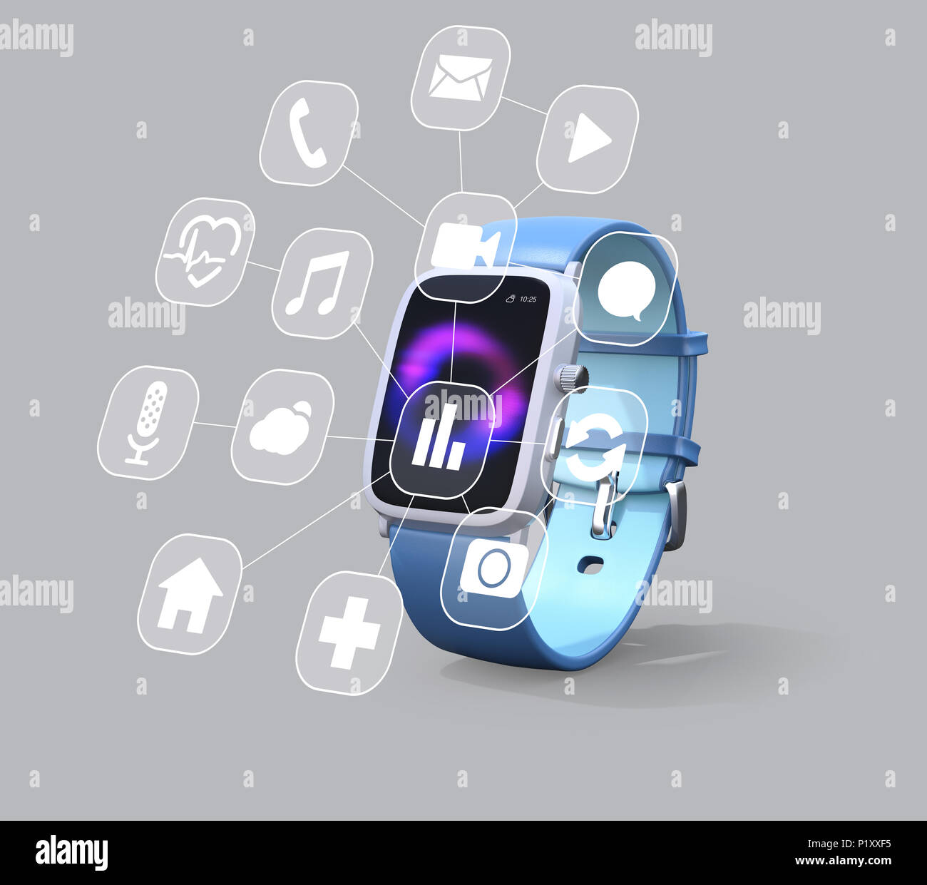 Smart Watch con icono apps conjunto aislado sobre fondo gris. Representación 3D imagen. Foto de stock