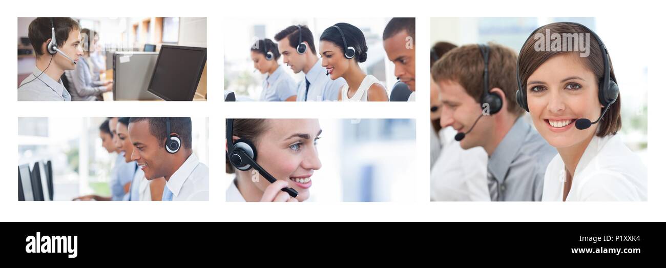 Collage de equipo de ayuda de Servicio al Cliente en call center Foto de stock