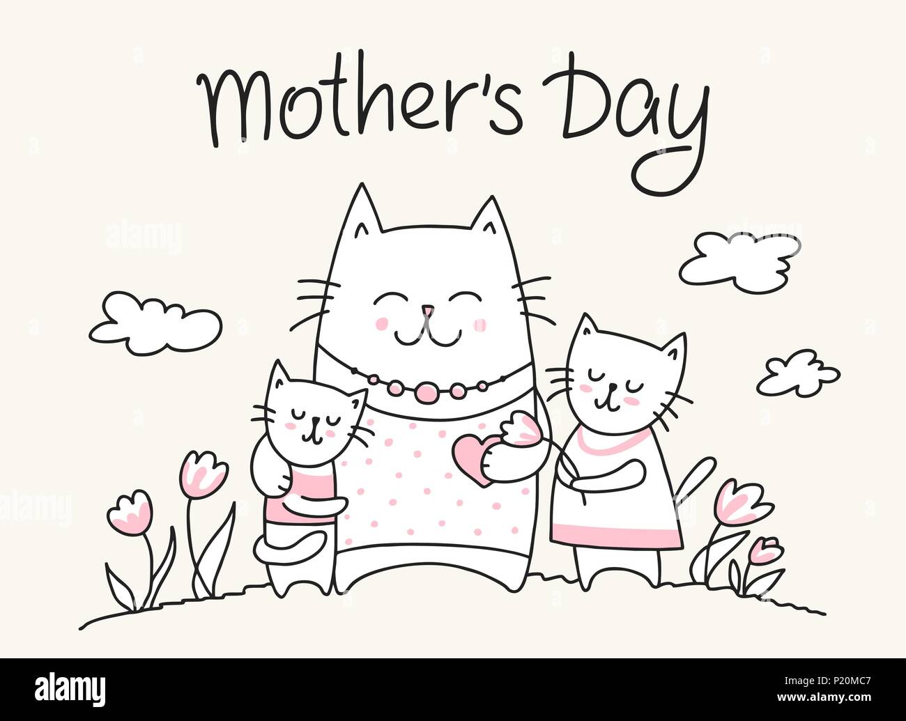 Feliz Día de la madre tarjeta con cat mom y poco gatitos. Vector plana  ilustración animal del día de la madre Imagen Vector de stock - Alamy