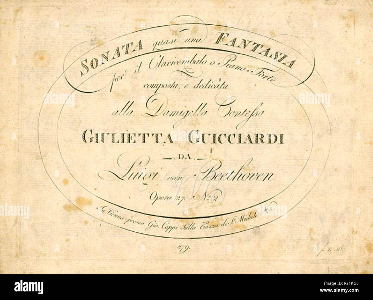 Inglés: Página del título de la primera edición de la partitura de la Sonata  para piano nº 14, Op. 27 nº 2. Publicado en Viena en 1802 por Giovanni  Cappi e