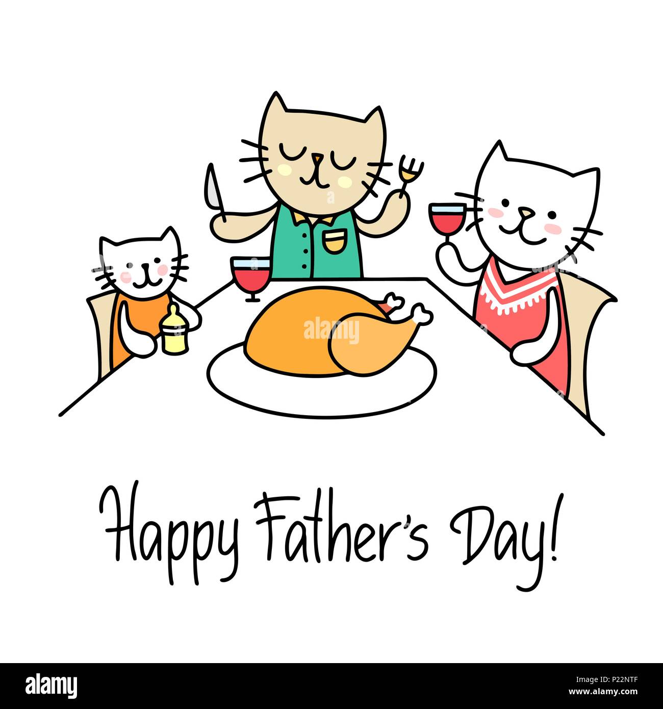 Familia de gatos celebrar la feliz Día del Padre con gran pollo. Cartoon animal ilustración vectorial plana Ilustración del Vector