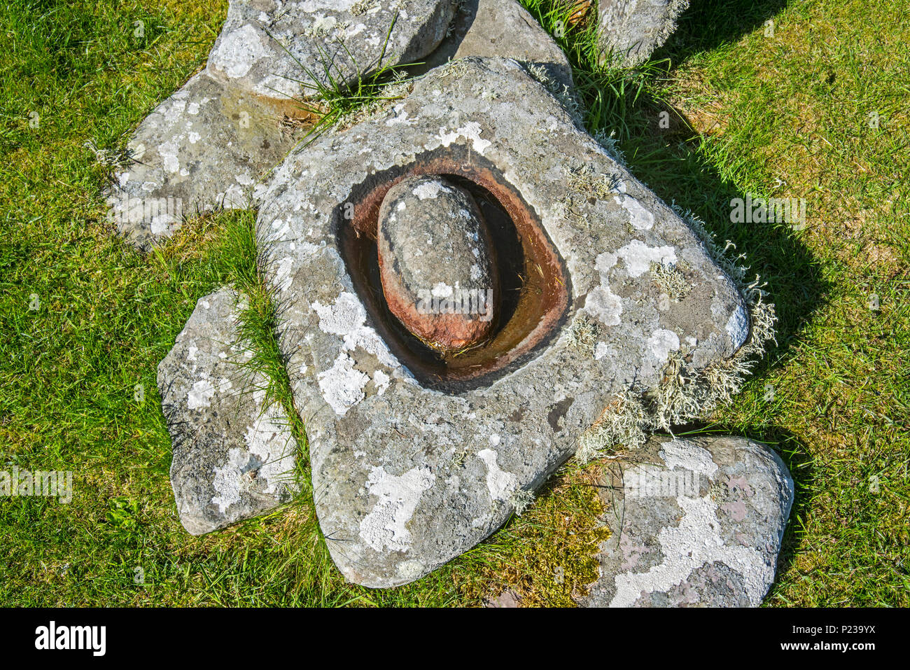 Quern de piedra en el sitio arqueológico de Jarlshof, mostrando el 2500 A.C. y Norse asentamientos prehistóricos en Sumburgh Head, Islas Shetland (Escocia, Reino Unido) Foto de stock