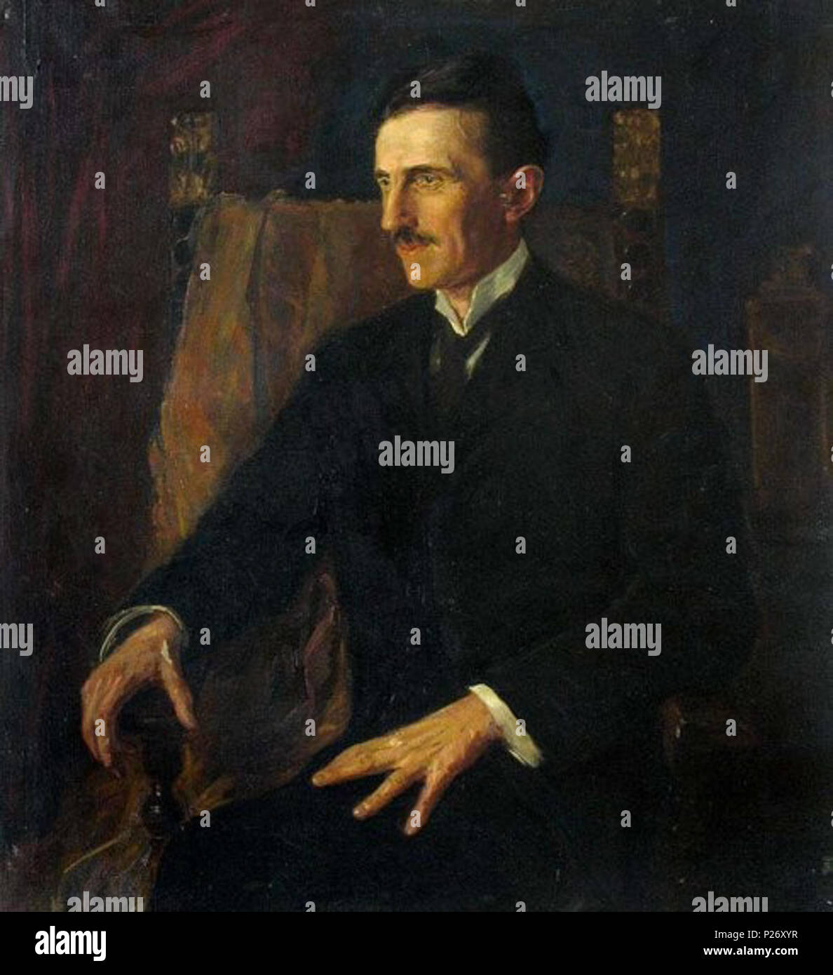 Inglés: Azul retrato de Nikola Tesla, la única pintura Tesla planteados.  Ver el retrato de Tesla se muestra. Српски / Srpski: Плави портрет Николе  Тесле, једина слика за коју је позирао
