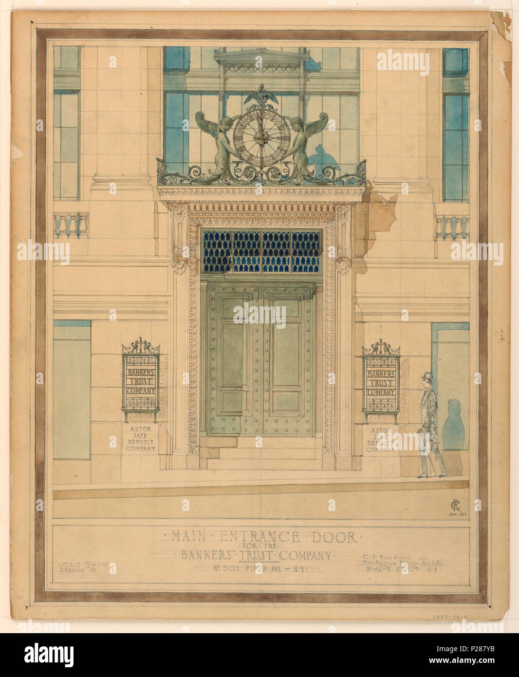 . Inglés: Dibujo, diseño para la puerta de entrada principal para el Bankers Trust Company, Nueva York, NY, 1922 . Inglés: Elevación de diseño para la entrada principal del edificio de banco. Un par de puertas de bronce, coronada por los paneles de rejilla, encerrado en una piedra monumental trama compuesta de motivos clásicos y fronteras. Proyectar un entablamento superior con un reloj apoyado por dos figuras aladas. Las letras, centro inferior: ENTRADA PRINCIPAL.PUERTA /. La . / BANKERS' . La confianza. Empresa. / Nº 501-Fifth Ave-N.Y. Inscrito en la parte inferior derecha: C. F. Rosborg. y . / Montague. Flagg. Archts. / Nº 42-E. 57Th St. N.Y. . 1922 Foto de stock