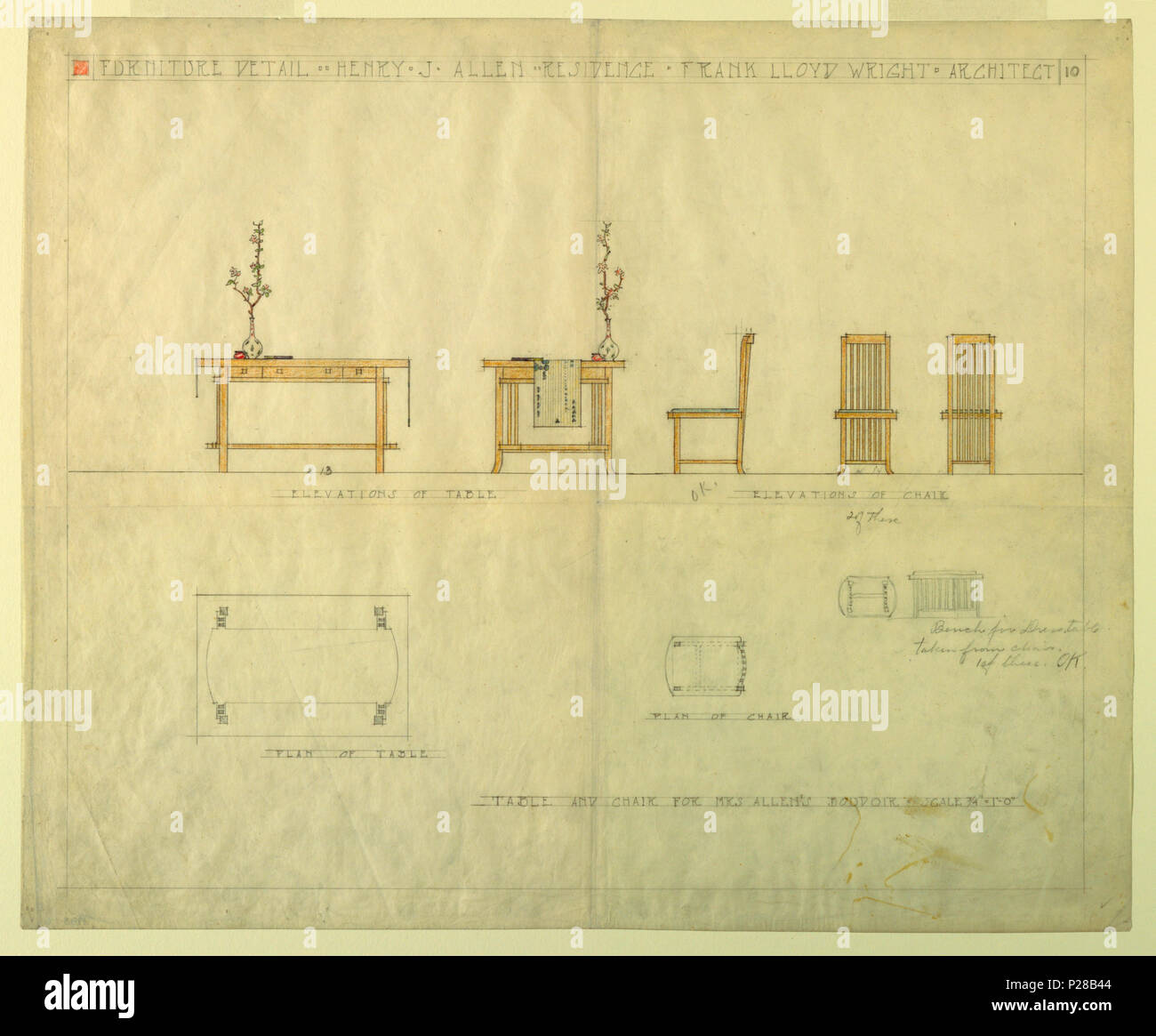 Inglés: Dibujo, mesa y silla para la Sra. Allen del Boudoir, Henry J. Allen  Residencia, Wichita, Kansas, 1917 . Inglés: hoja dividida en partes  superior e inferior. Parte superior de izquierda