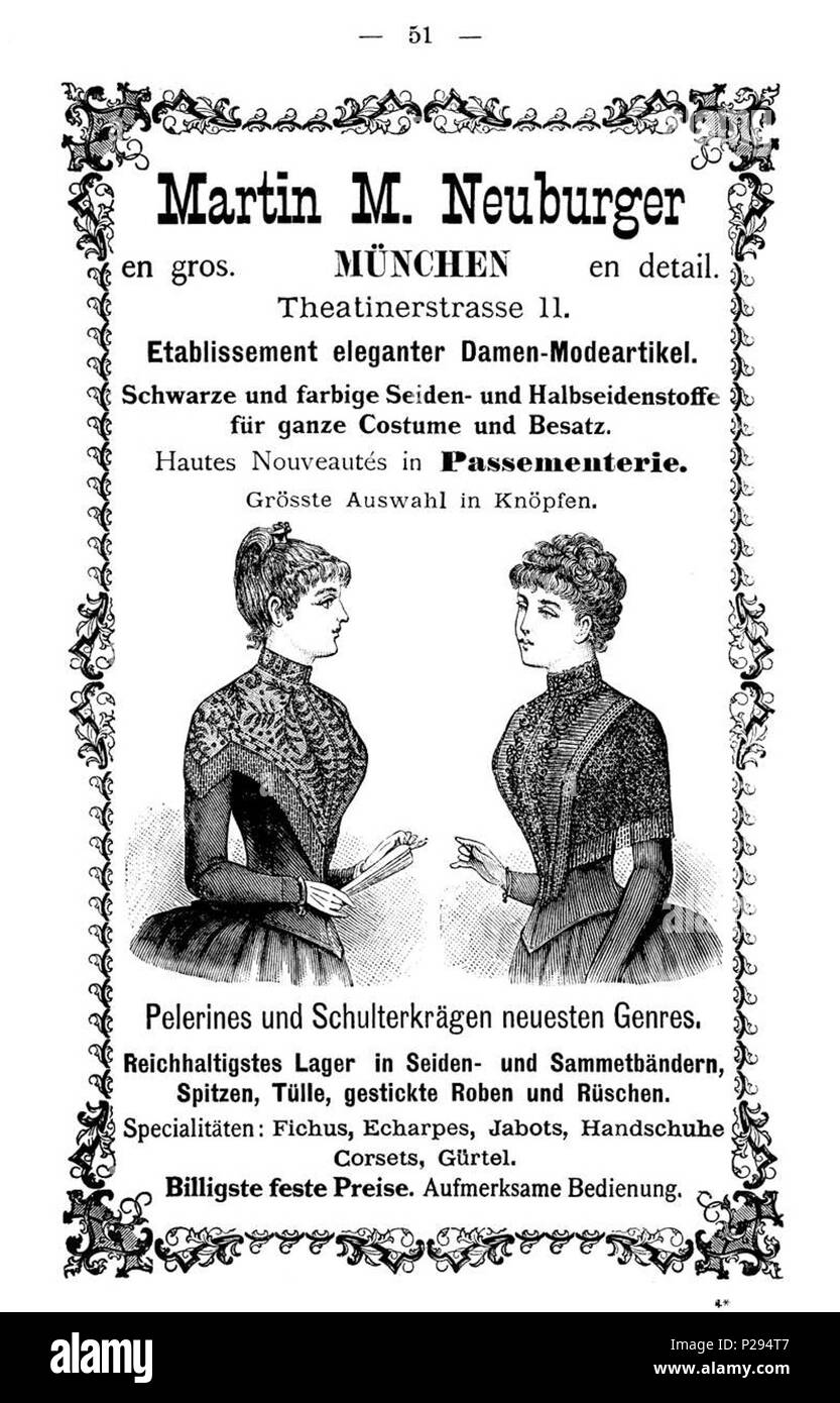 . Werbung für das Modegeschäft Martin M. Neuburger, München, Theatinerstraße 11 . 1888. 134 Glaspalast desconocido 1888 W51 Foto de stock