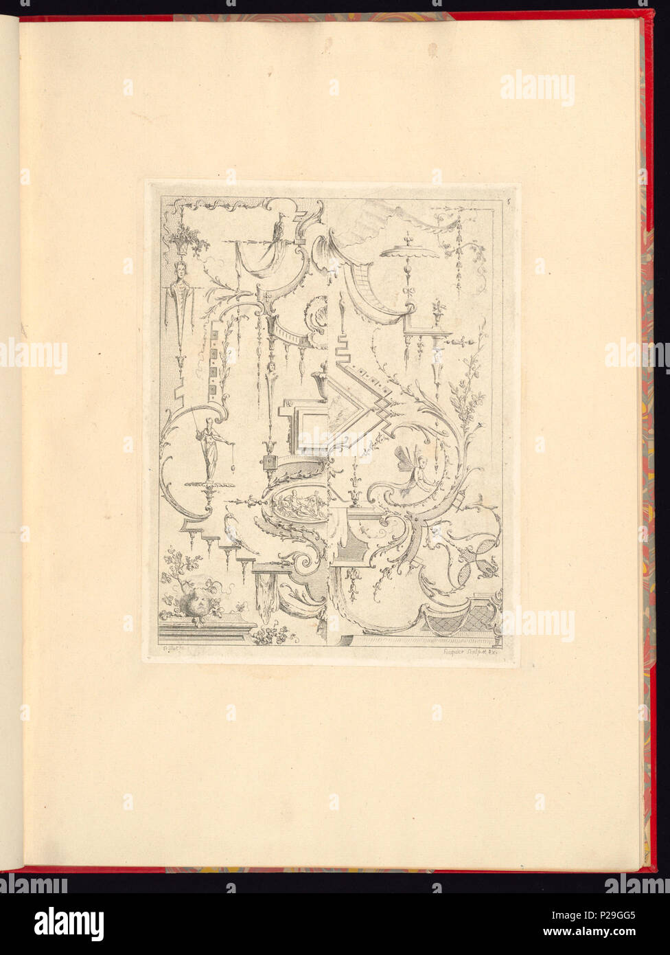 268 Imprimir, Nouveau livre de principes d'ornements particulièrement pour trouver ONU nombre infini de tormes qui dependiente, d'après les dessins de Gillot. Peintre du Roy gravé par Huquier; pl. 5 (CH) 18272757 Foto de stock