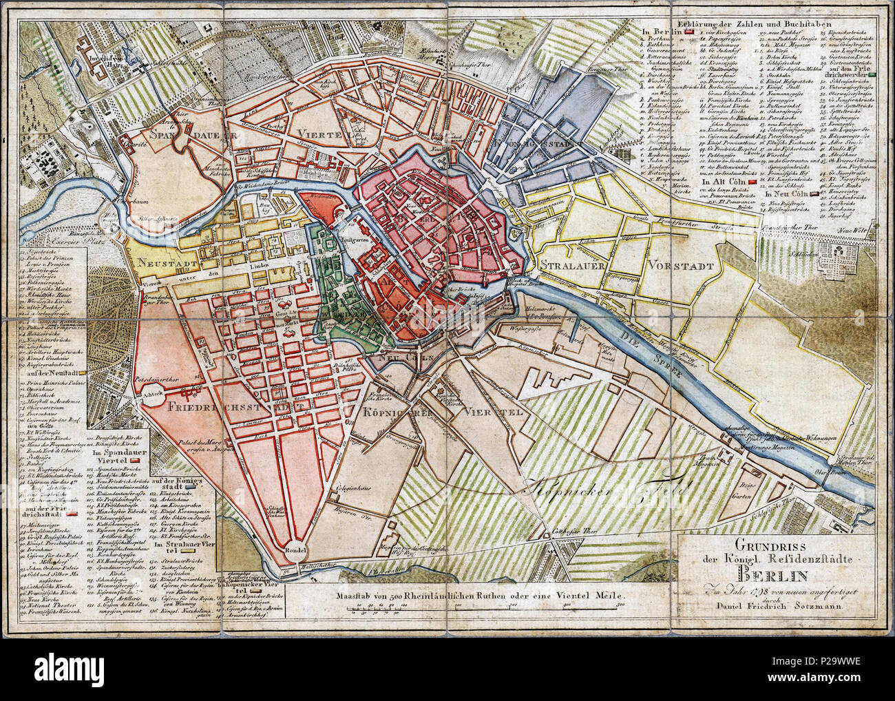 . Titulada Grundriss der Königl. Residenzstädte Berlín. Im Jahr 1798 von neuen angefertigt durch D.F.Sotzman.. Deutsch: Kopie der Karte von 1792 mit einigen Korrekturen und Änderungen. Aus: J.D.F.Rumpf, Neuester Wegweiser [...] Ein Handbuch für Fremde und Einheimische Zweites Bändchen. Berlín. 1798. Bey Wilhelm Oehmigke Jüngern dem. Der Titel steht rechts unten en einem rechteckigen Kasten. Rechts und oben links unten eine Legende mit 141 Nummern Teilstädten zu den 10. Am unteren Rand ein Maßstab über '500 Rheinländische Ruthen oder eine Viertel Meile' . 1798. Daniel Friedrich Sotzmann 294 Sotzmann Ber Foto de stock