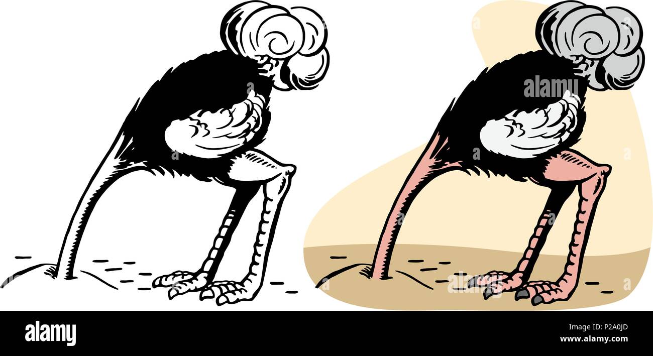 Una caricatura de un avestruz con su cabeza enterrada en la arena. Ilustración del Vector