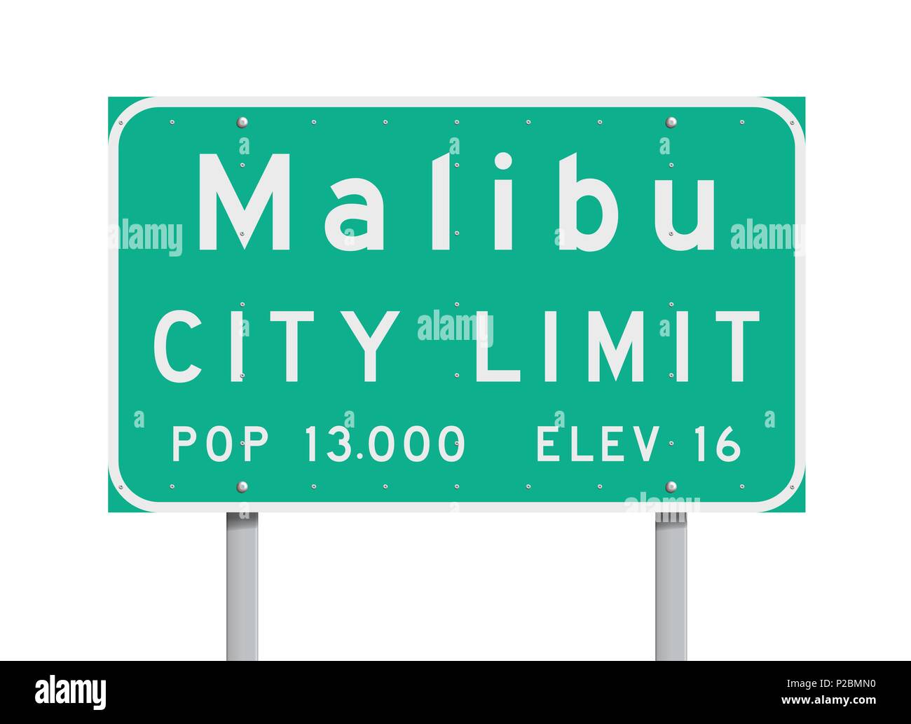 Ilustración vectorial del Malibu límite ciudad verde señal de carretera con  la población y números de elevación Imagen Vector de stock - Alamy