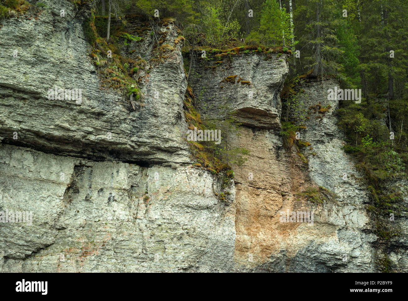 Arbolado acantilados rocosos de piedra caliza con una cifra semejante a un rostro feo Foto de stock