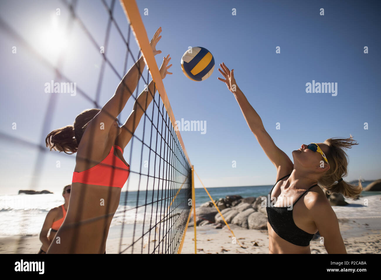 Jugadores de voleibol femenino jugando voleibol Foto de stock
