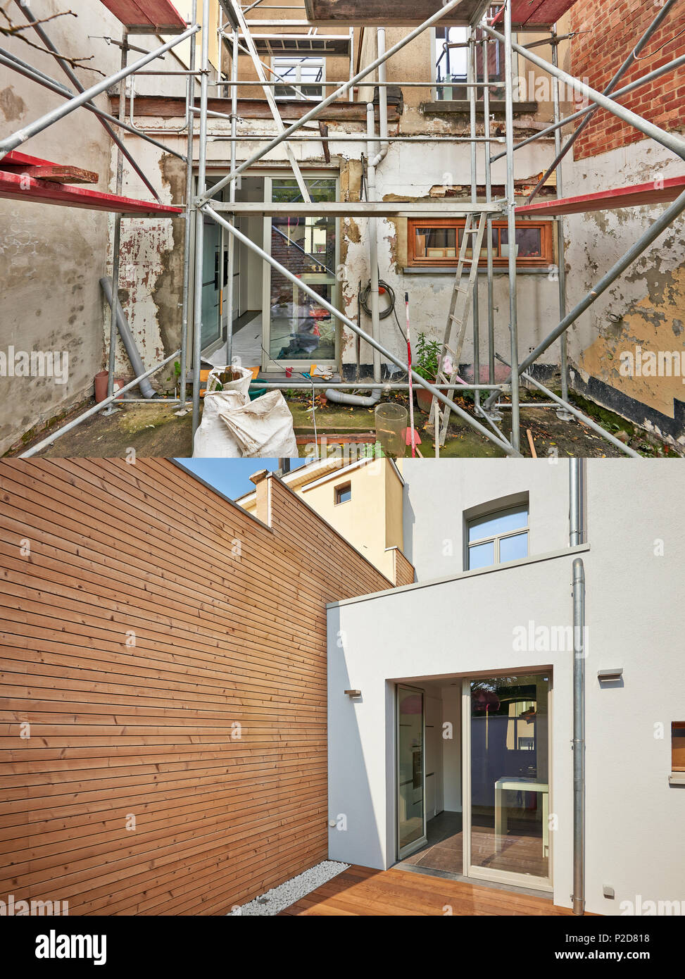 Construcción de una nueva fachada en el patio de la casa vieja antes y