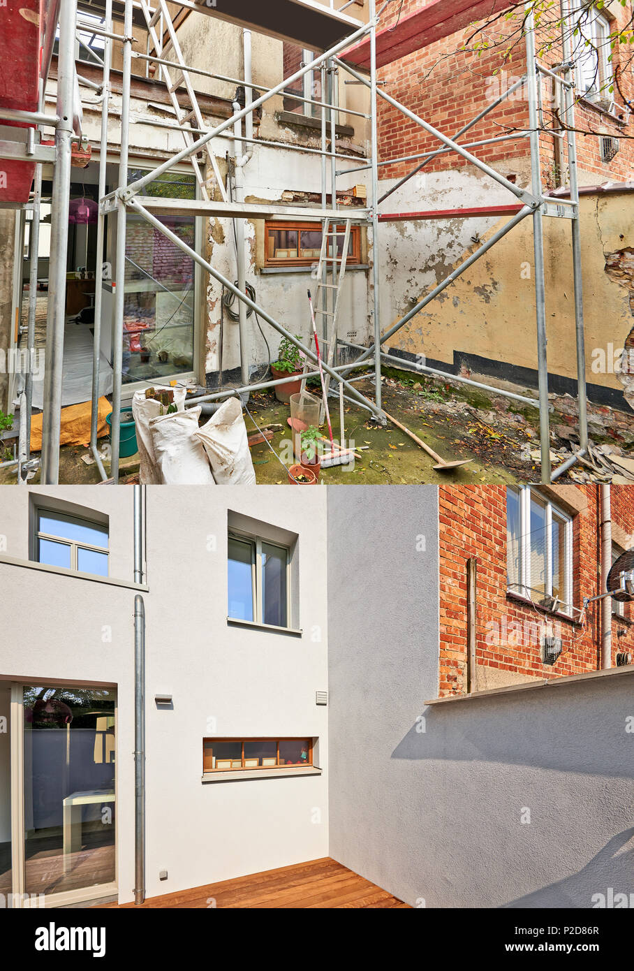 Construcción de una nueva fachada en el patio de la casa vieja antes y
