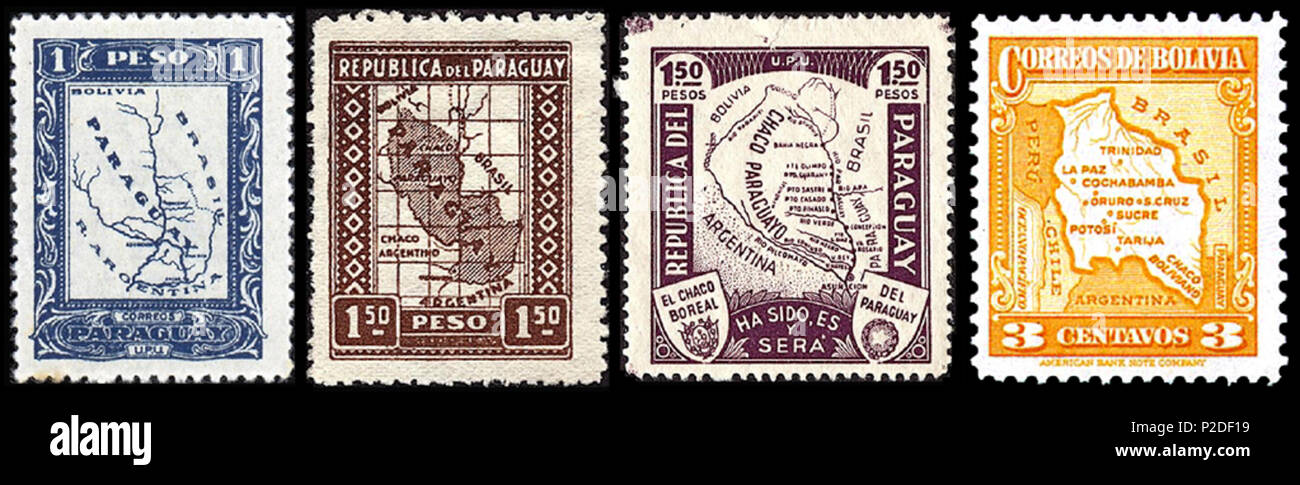 . Inglés: sellos postales de Paraguay y Bolivia con sus mapas durante la guerra para el Gran Chaco, 1924-1935 ???????: ???????? ????? ???????? ? ??????? ? ?? ??????? ?????? ????? ?? ????? ????????, 1924-1935 . 29 de septiembre de 2007. Analizado por usuario:Nickpo 40 Paraguay-Bolivia-1924-1935 Foto de stock