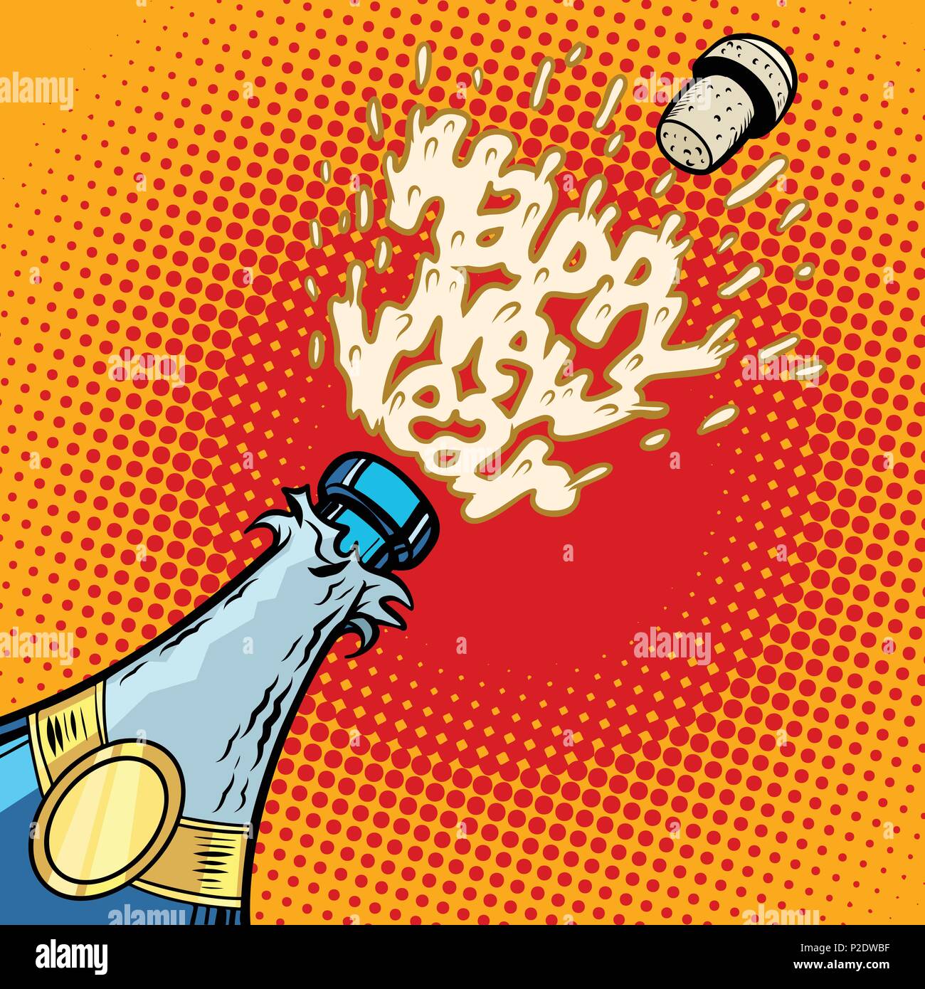 Botella de champán se abre, espuma y Cork. Comic cartoon pop art ilustración vector vintage retro kitsch dibujo Ilustración del Vector
