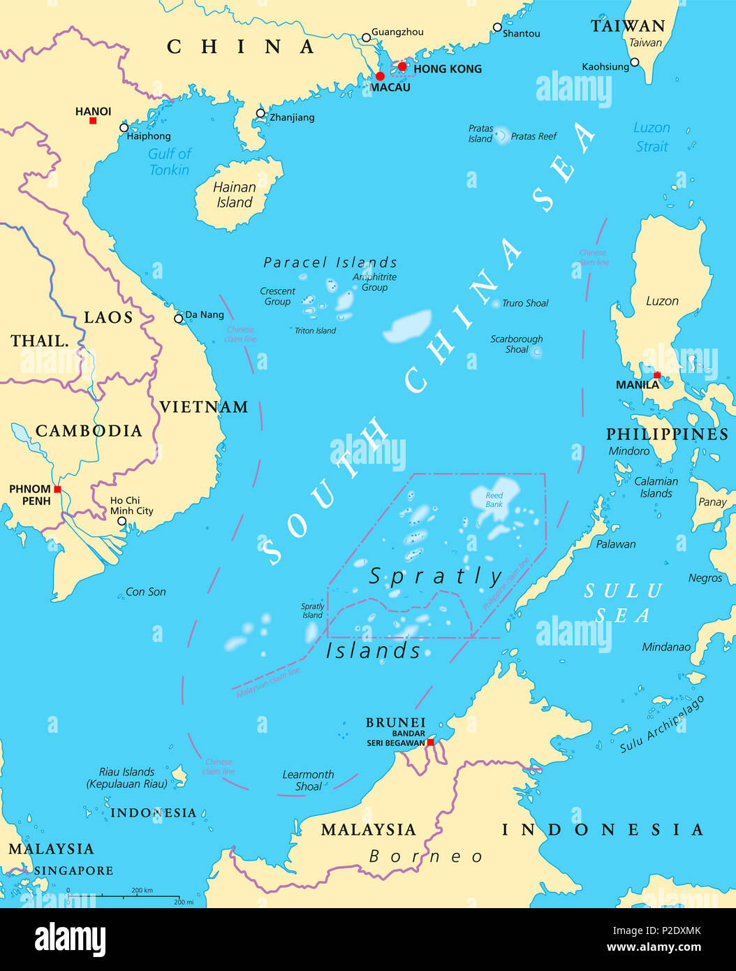 Las islas del Mar del Sur de China, el mapa político. Islas Paracel y Spratly. Parcialmente reclamadas por China y otros estados vecinos. Ilustración. Foto de stock