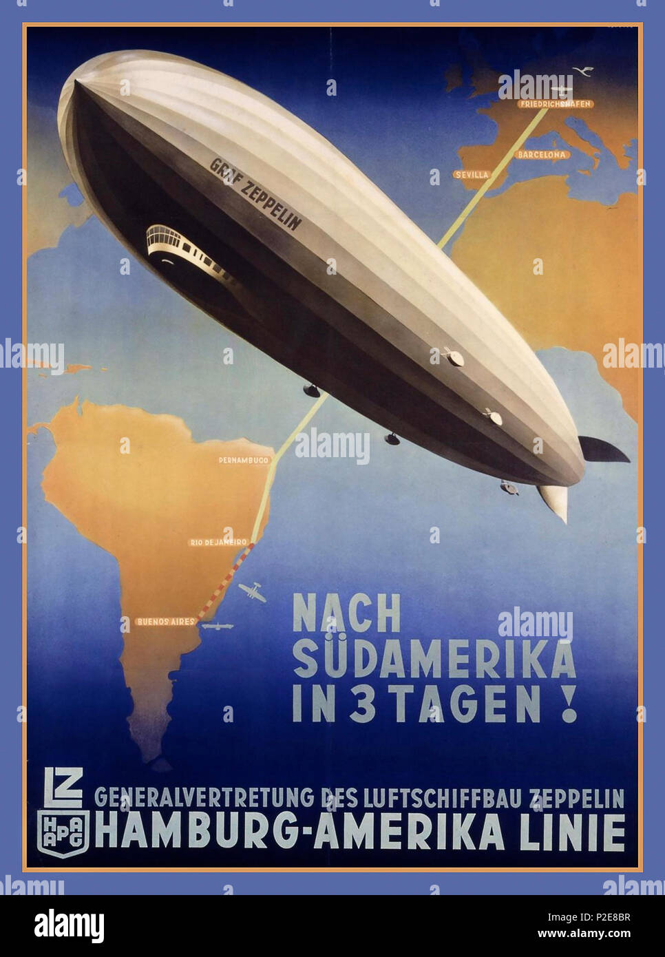 1930 viajes Vintage Poster Graf Zeppelin Hamburg-Amerika Line Anton Ottomar Druck Erasmus Berlin 1932 América del Sur en 3 días por dirigible Foto de stock