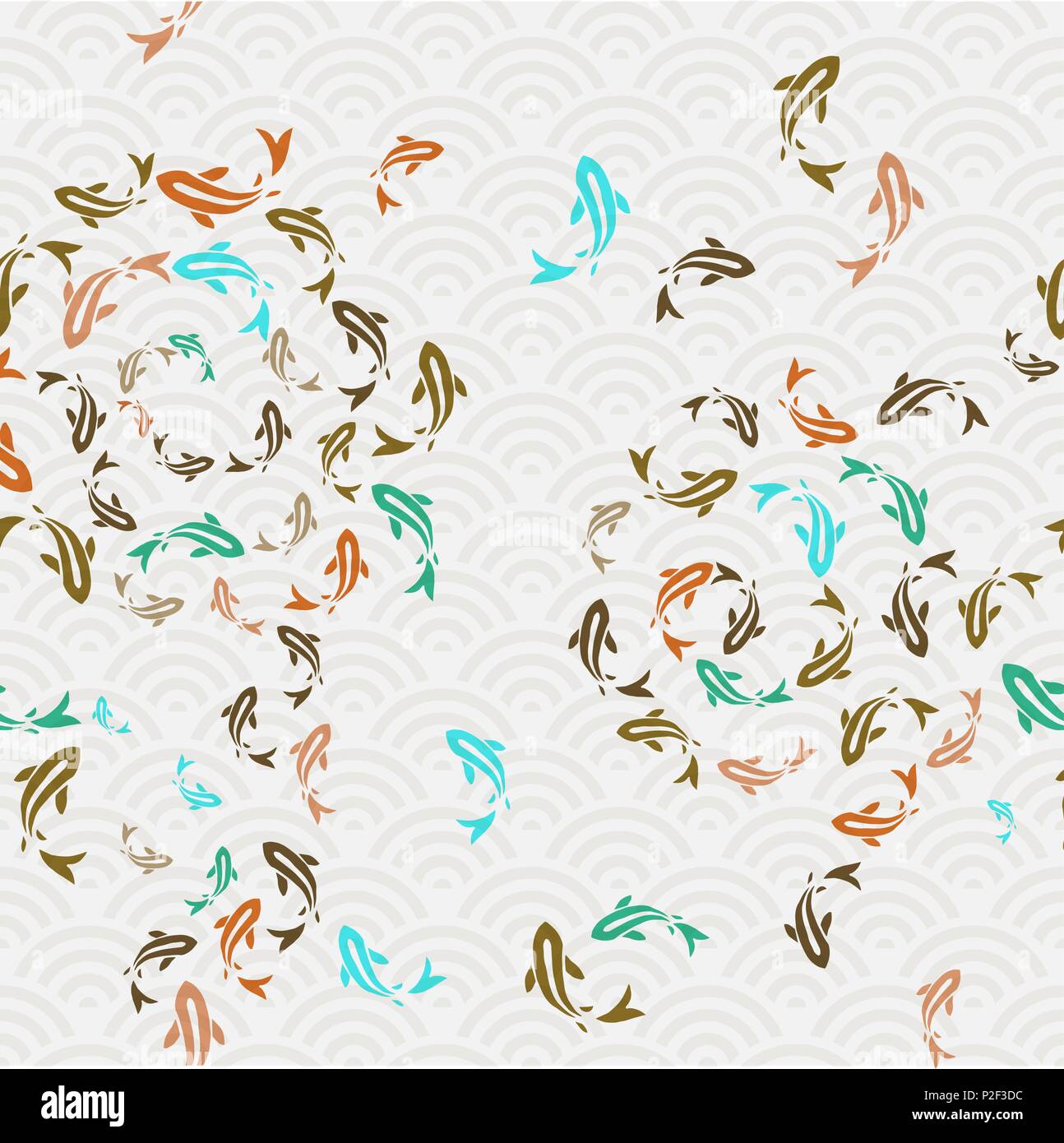 Peces Koi patrón sin fisuras, colorido arte de estilo asiático de la carpa goldfish nadando en el estanque. Antecedentes ilustración dibujada a mano. Vector EPS10. Ilustración del Vector