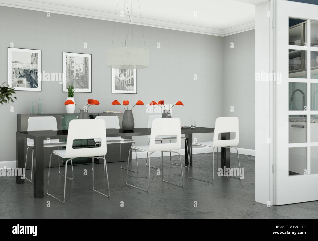 Dning habitación con mesa negra apartamento moderno diseño de interiores en 3D Ilustración Foto de stock