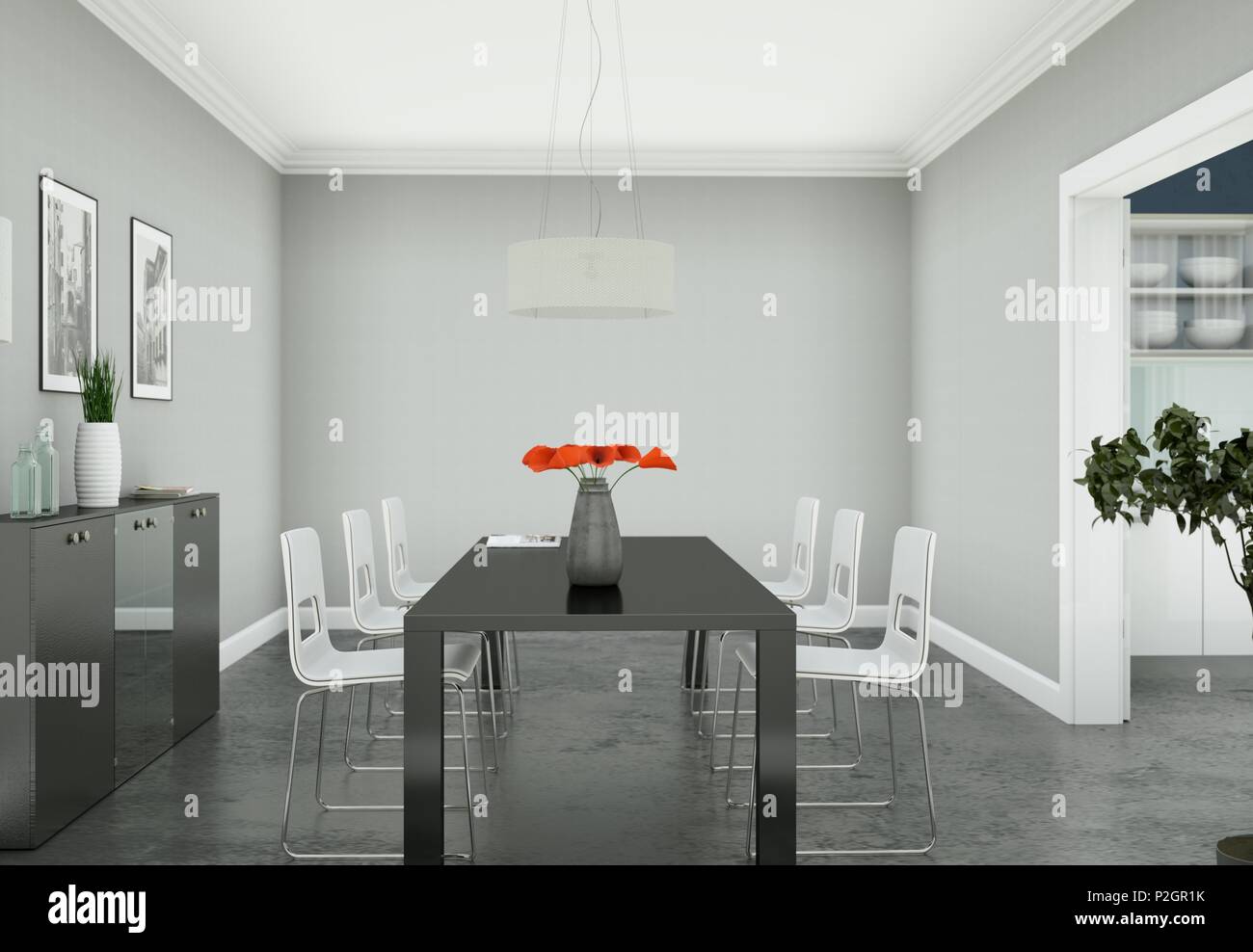 Dning habitación con mesa negra apartamento moderno diseño de interiores en 3D Ilustración Foto de stock