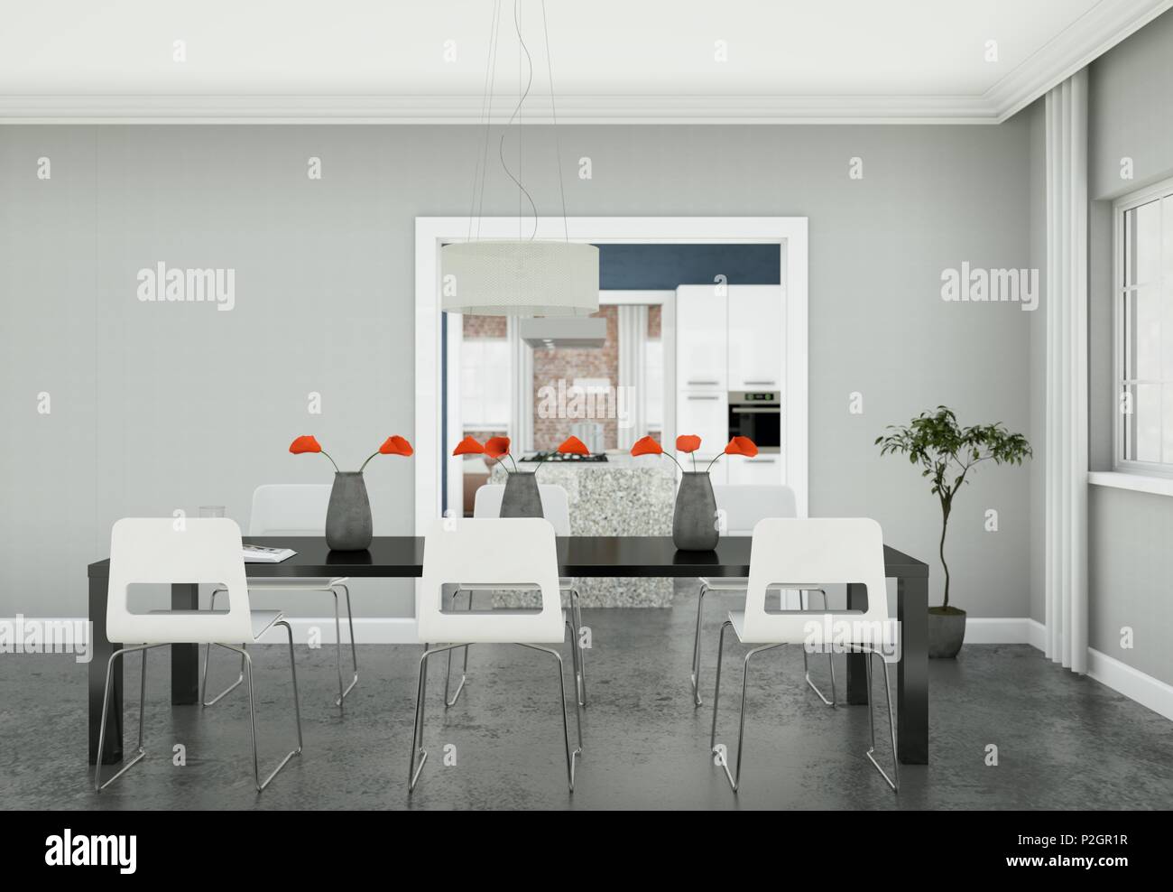 Dning habitación con mesa negra apartamento moderno diseño de interiores en 3D Ilustración Foto de stock