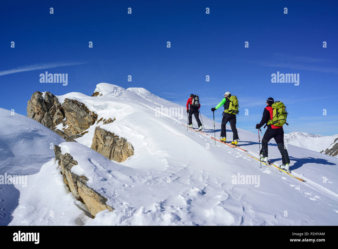 Tres personas volver de esquí ascendiendo hacia Frauenwand, Frauenwand, valle de Schmirn, Zillertal Alpes, Tirol, Austria Foto de stock