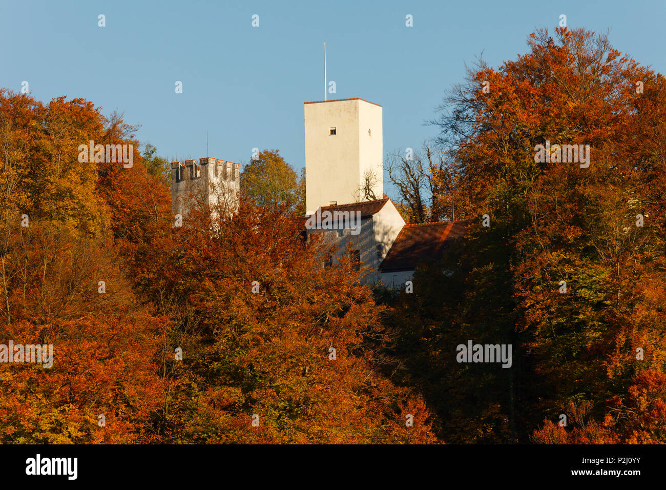 Gruenwald Castillo, siglo XIII, y hayedos en otoño, verano indio, valle del Isar en otoño, Gruenwald, distrito de Munich, Ba Foto de stock
