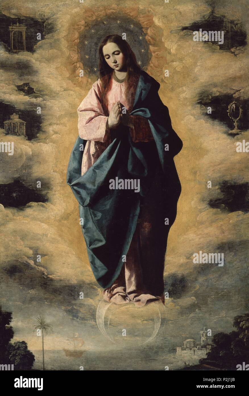 La Inmaculada Concepción", ca. 1630, el Barroco español, óleo sobre lienzo,  128 cm x 89 cm, P02992. Autor: Francisco de Zurbarán (c. 1598-1664).  Ubicación: MUSEO DEL PRADO-PINTURA, Madrid, España. También conocido como:
