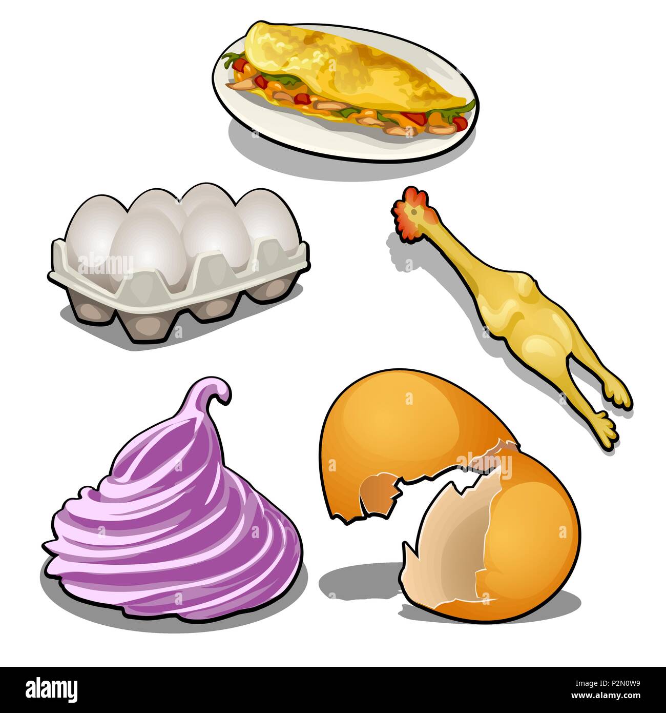 El conjunto de productos alimenticios procedentes de huevos de gallina y  carne de pollo aislado sobre fondo blanco. Cartoon vectores de cerca la  ilustración Imagen Vector de stock - Alamy