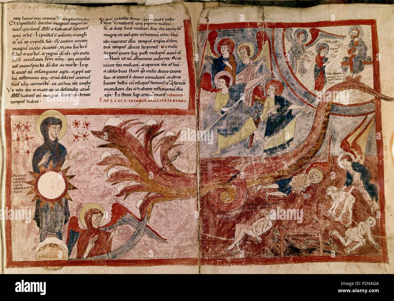 Girona-S XII-FOL 125R, la mujer vestida de sol y el dragón, el DRAGÓN DE LAS 7 cabezas. Autor: Beato de Liébana (c. 730-c. 798). Ubicación: Biblioteca Nacional, Turín, Italia Fotografía de stock -