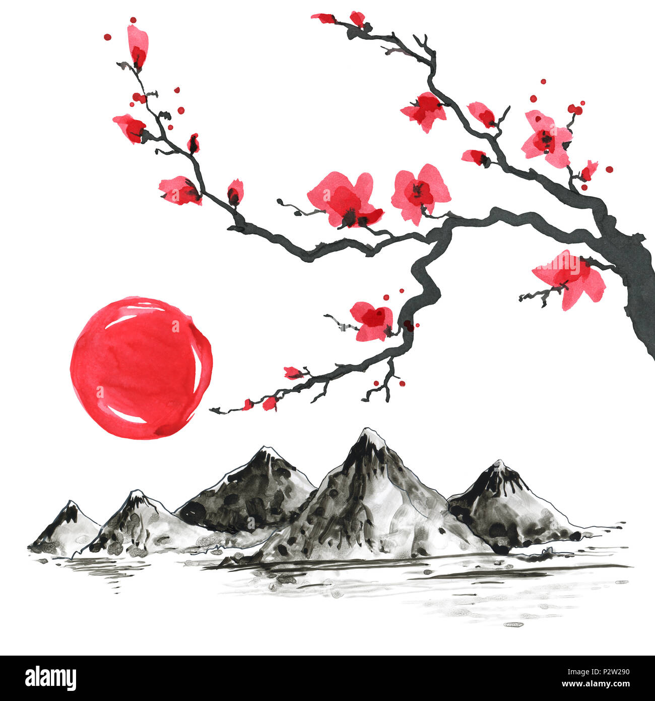 Rama de árbol estilo de pintura japonesa. y tradicional ilustración dibujada a mano Fotografía de stock - Alamy