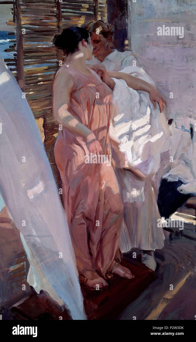 La túnica rosa o después del baño", 1916, óleo sobre lienzo, 210 x 128 cm.  Autor: Joaquín Sorolla (1863-1923). Ubicación: Museo Sorolla, Madrid,  España Fotografía de stock - Alamy