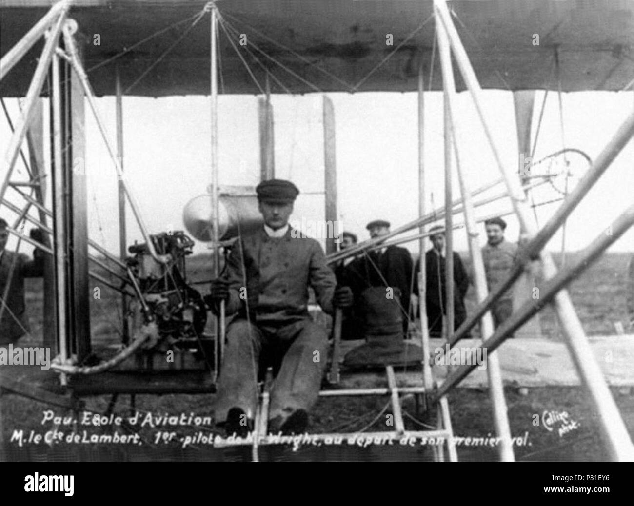 -Carlos Alexandre, conde de Lambert 1C2BA piloto hacer biplano Wrigth no seu primeiro voo - Pau, 1908 Foto de stock