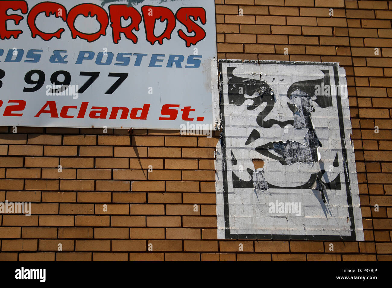 Graffity/ Arte en la calle: ein Graffity des Street Art Kuenstlers Shepard Fairey aus der 'Andre el gigante'-Serie, Melbourne, Australia. Foto de stock