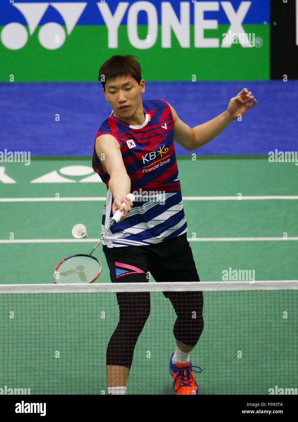 Los Angeles, California, EEUU. 17 de junio de 2018. Lee Dong Keun de Corea, compite con la marca Caljouw de Holanda, durante el partido final de hombres solteros en el Open de Estados Unidos campeonatos de bádminton en Fullerton, California, el 17 de junio de 2018. Lee ganó 2-1. Crédito: Ringo Chiu/Zuma alambre/Alamy Live News Foto de stock
