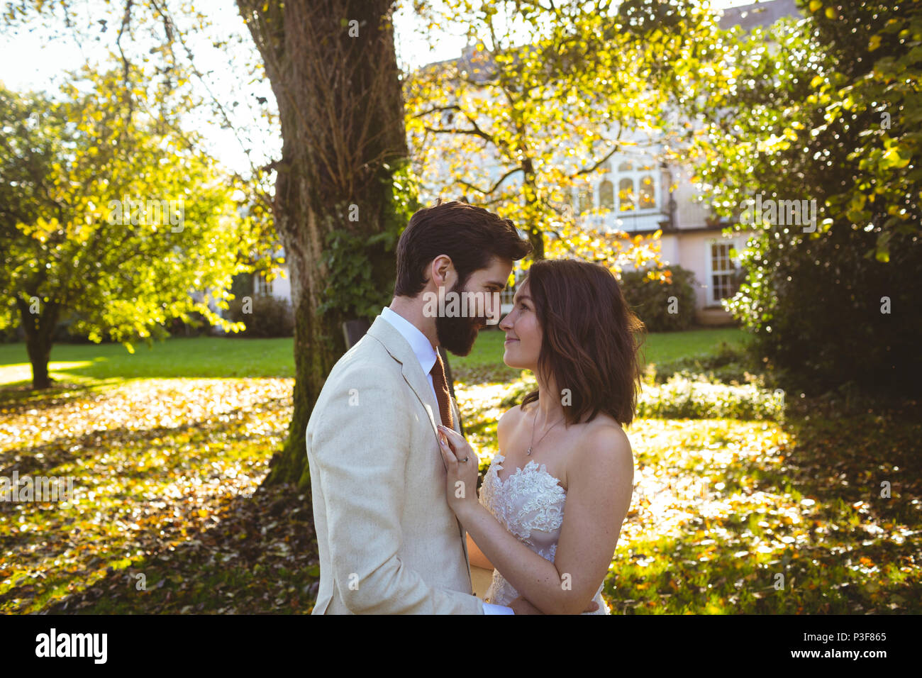 La novia y el novio mirándose a los ojos en el jardín Foto de stock